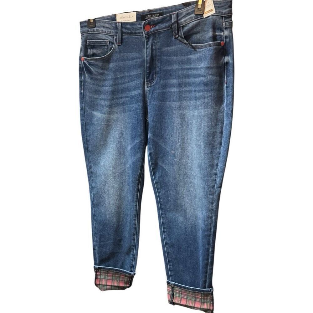 Judy Blue Buffalo Plaid Cuff Straight Leg Jeans Mid Rise Size 13/31 NWT - Picture 15 of 16